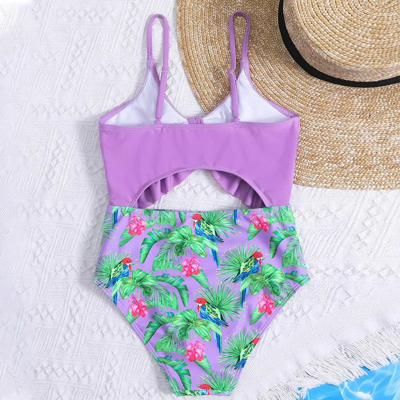 Maillot De Bain Fendu Fille Motif Fleurs En Polyester Imprimé, Couleur Violette, Spécial Piscine Enfant