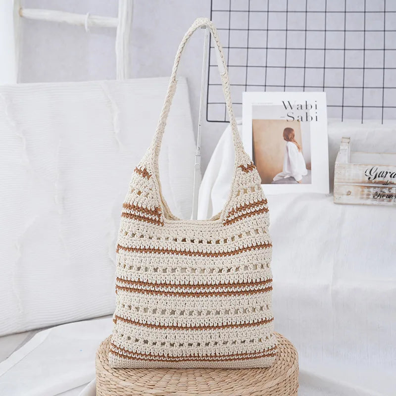 Sac D'épaule Carré En Coton À Motif Bande Avec Élément De Mode Trenza Pour Femmes, Idéal Pour L'été