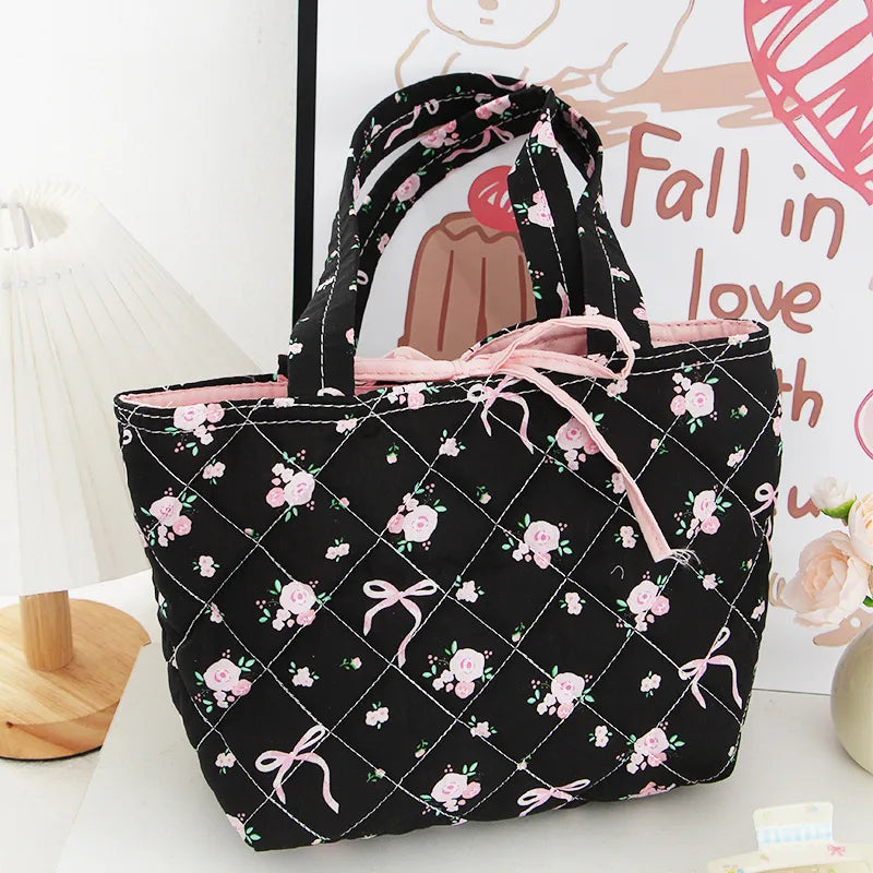 Sac À Main Carré En Coton Pour Femmes Avec Impression Et Nœud Papillon, Sac À Main Élégant À Poignée