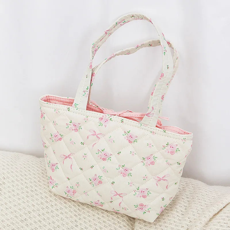 Sac À Main Carré En Coton Pour Femmes Avec Impression Et Nœud Papillon, Sac À Main Élégant À Poignée