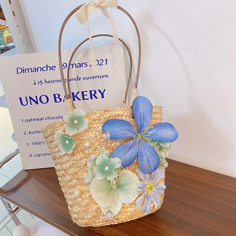 Sac De Paille Carré À Motif Fleurs, Sac À Main D'été Pour Femme Avec Bandoulière À Main