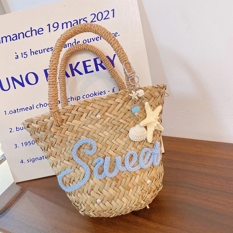 Sac De Paille Carré À Motif Fleurs, Sac À Main D'été Pour Femme Avec Bandoulière À Main