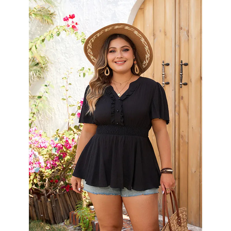 Chemisière Femme Grande Taille Noire En Polyester À Col En Enfilage, Style Uni Élégant
