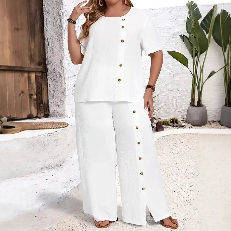 Ensemble Coordonné De Pantalon À Motif Uni En Élasthanne Avec Boutons, Style Vacances Décontracté À Manches Régulières Et Cinq Pouces