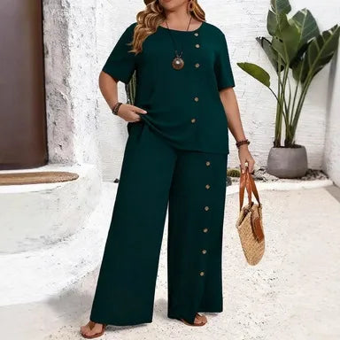 Ensemble Coordonné De Pantalon À Motif Uni En Élasthanne Avec Boutons, Style Vacances Décontracté À Manches Régulières Et Cinq Pouces