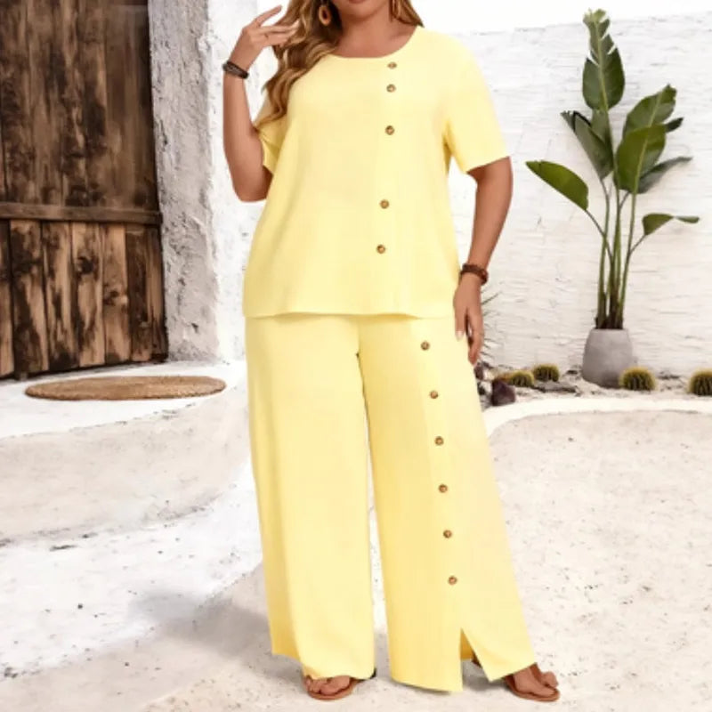 Ensemble Coordonné De Pantalon À Motif Uni En Élasthanne Avec Boutons, Style Vacances Décontracté À Manches Régulières Et Cinq Pouces