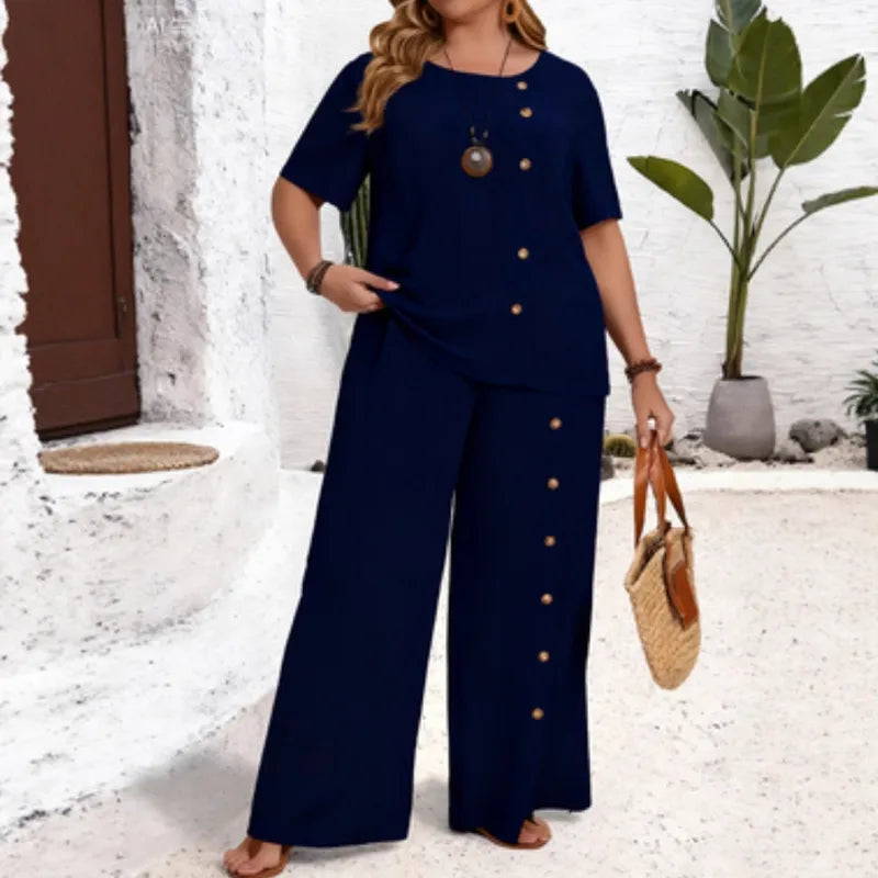 Ensemble Coordonné De Pantalon À Motif Uni En Élasthanne Avec Boutons, Style Vacances Décontracté À Manches Régulières Et Cinq Pouces