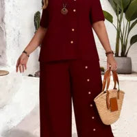 Ensemble Coordonné De Pantalon À Motif Uni En Élasthanne Avec Boutons, Style Vacances Décontracté À Manches Régulières Et Cinq Pouces