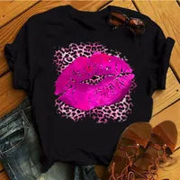 T-shirt Femme Élégant À Manches Courtes En Polyester Avec Impression Bisous 💋