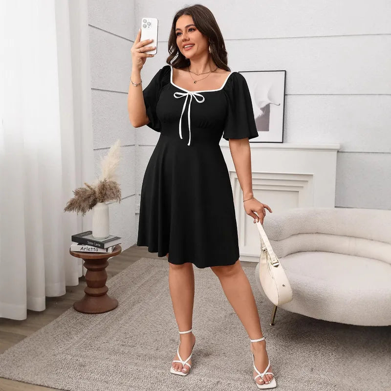 Robe Grande Taille Pour Femmes À Col Carré Et Manches Courtes, Couleur Unie, En Polyester Imprimé