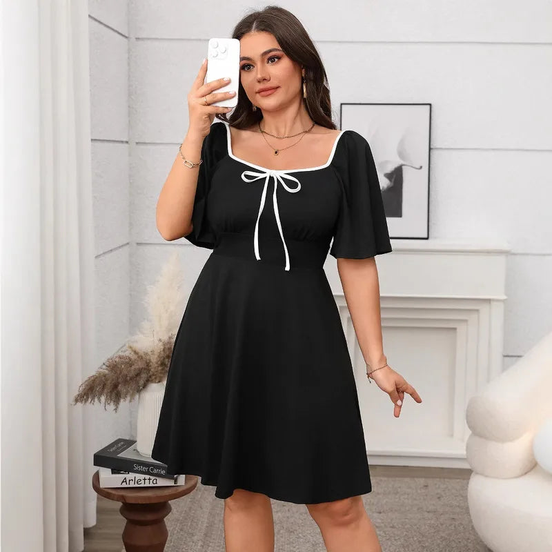 Robe Grande Taille Pour Femmes À Col Carré Et Manches Courtes, Couleur Unie, En Polyester Imprimé