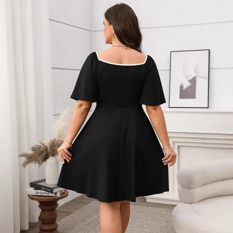 Robe Grande Taille Pour Femmes À Col Carré Et Manches Courtes, Couleur Unie, En Polyester Imprimé