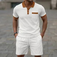Ensemble Coordonné De Shorts Homme Blanc En Polyester Avec Col Contrasté