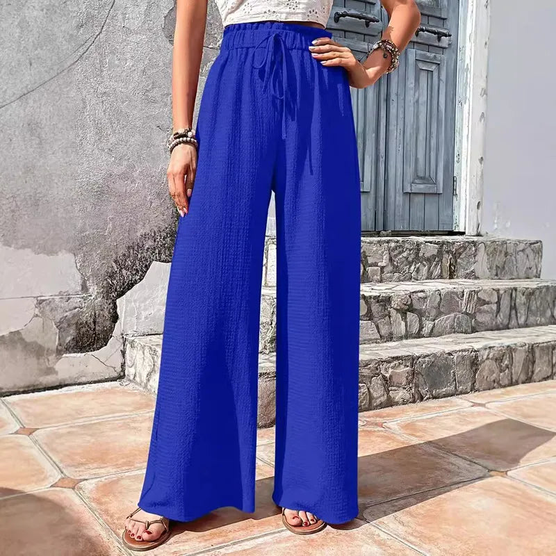 Pantalon Large À Motif Plaid Pour Femme, Longueur Totale, Style Décontracté Avec Tissu En Polyester Plissé Confortable