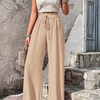 Pantalon Large À Motif Plaid Pour Femme, Longueur Totale, Style Décontracté Avec Tissu En Polyester Plissé Confortable