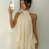 Robe En Mousseline De Soie Unie Sans Manches Dos Nu Style Vacances En Chiffon