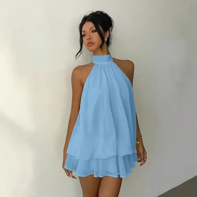 Robe En Mousseline De Soie Unie Sans Manches Dos Nu Style Vacances En Chiffon