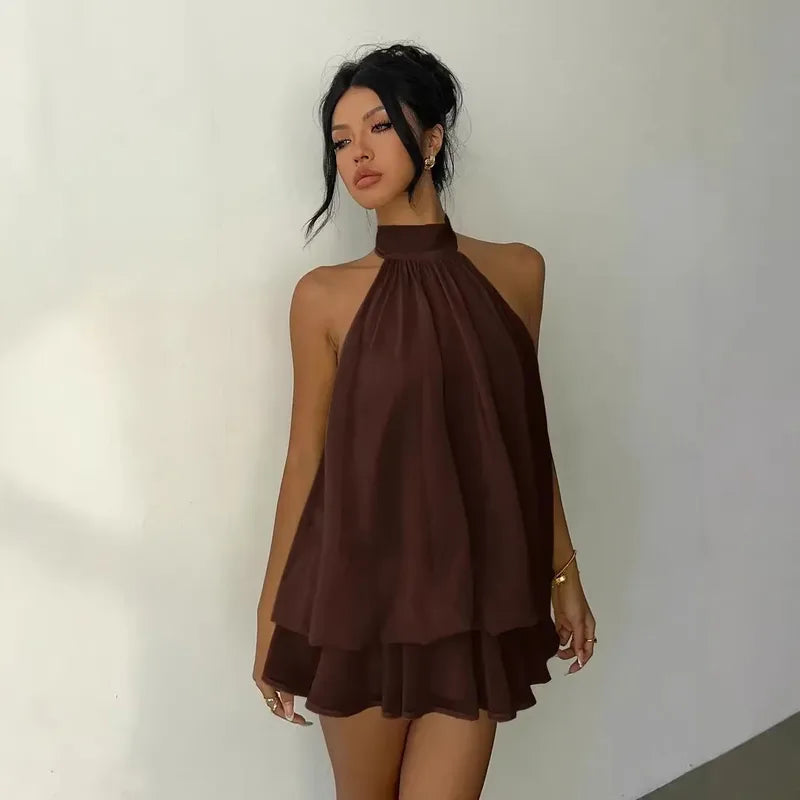 Robe En Mousseline De Soie Unie Sans Manches Dos Nu Style Vacances En Chiffon