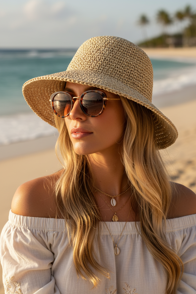 Portrait femme chapeau de paille beige