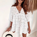 Robe Chemise Décontractée À Broderie Avec Col De Chemise Et Demi Manche En Polyester