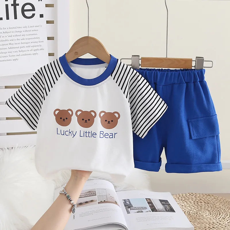 Ensemble Short 2 Pièces Pour Enfant En Coton (plus De 90%) Motif Dessin Animé, Couleur Bleu Marine, Manches Courtes, Été