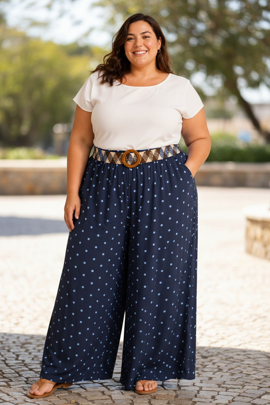 Pantalon Large à Pois Grande Taille avec Ceinture