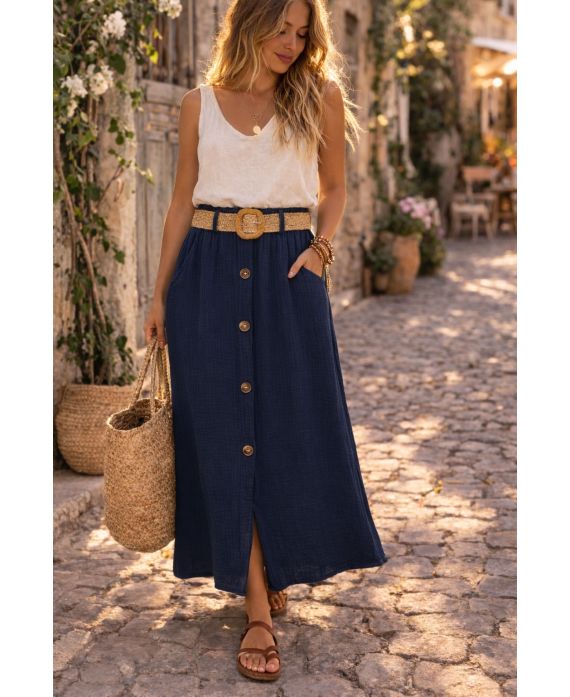 JUPE GAZE DE COTTON 2 POCHES + CEINTURE