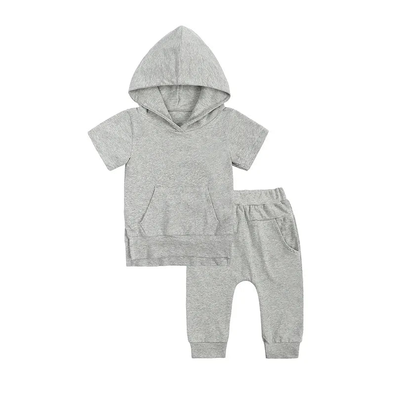 Ensemble Pantalon 2 Pièces Pour Enfant Avec Sweat À Capuche Et Manches Courtes, Motif Uni En Coton