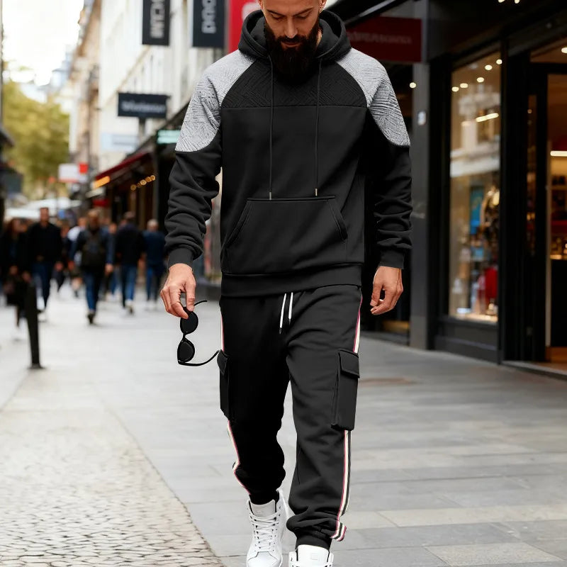 Ensemble Homme Décontracté Polyester Sweat Et Hoodie Motif Bloc De Couleur Noir Avec Pantalon