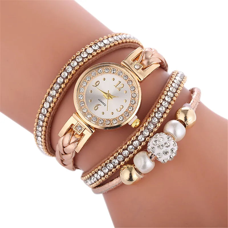 Montre Femme Quartz Bracelet Multicouche Strass & Perles – 5 Coloris