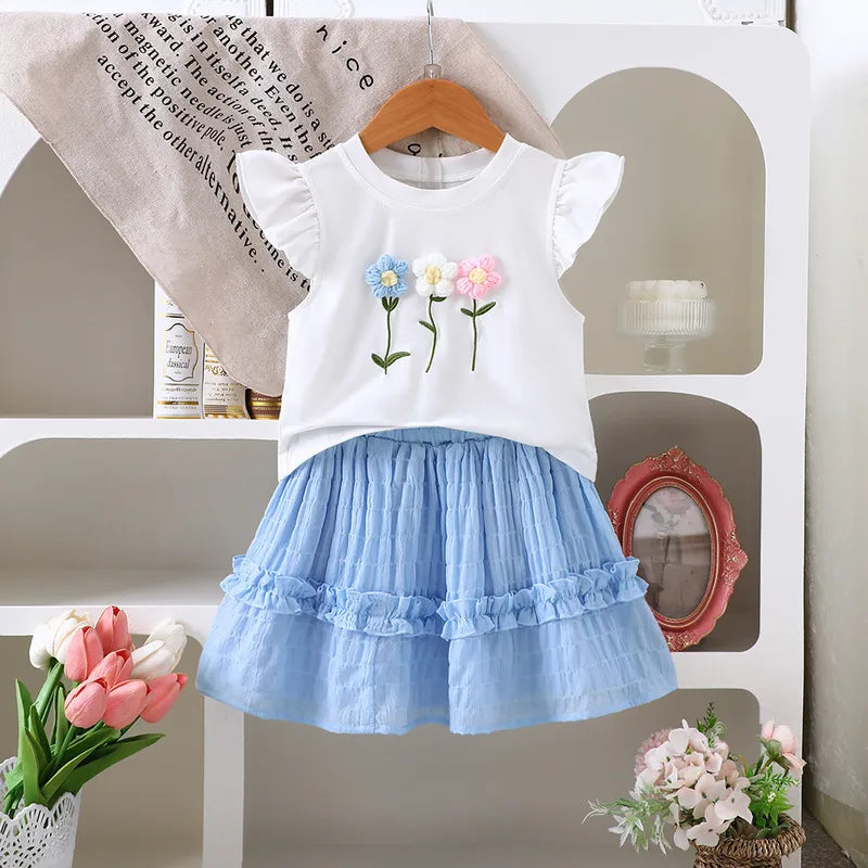 Ensemble Jupe 2 Pièces Fille – Motif Fleurs Bleu & Blanc