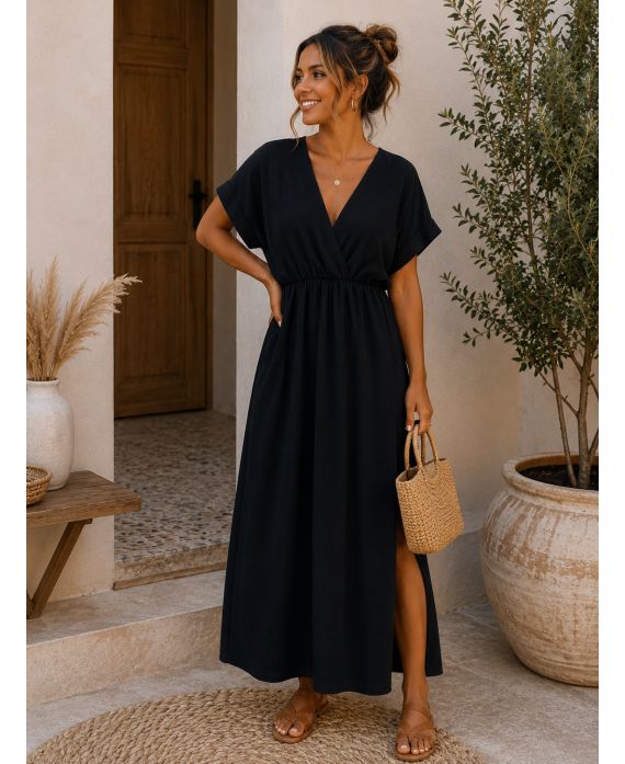 Robe Maxi Col V Manches Courtes