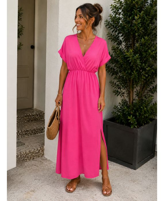 Robe Maxi Col V Manches Courtes