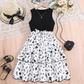 Robe Fille Élégante Fleurie – Bicolore Noir & Blanc, Jupe À Volants, Polyester