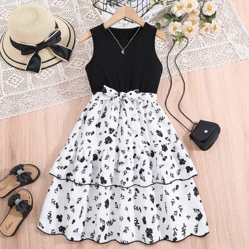 Robe Fille Élégante Fleurie – Bicolore Noir & Blanc, Jupe À Volants, Polyester