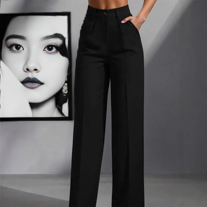 Pantalon De Travail Ample À Taille Haute Plissé Décontracté, Couleur Unie, Polyester Extensible