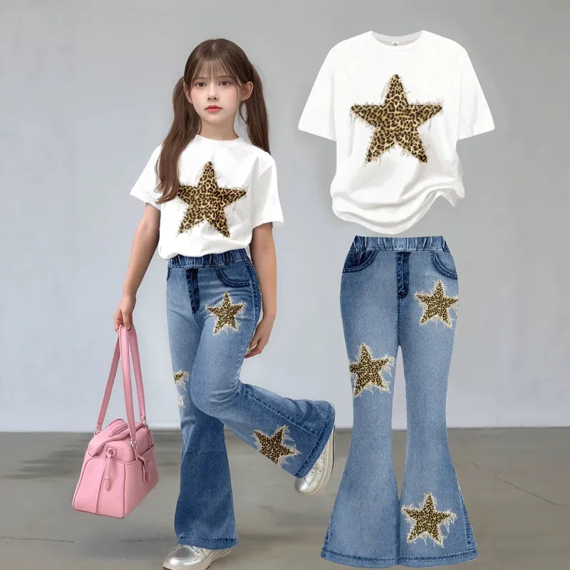 Ensemble 2 Pièces Fille T-shirt Étoile Léopard & Jean Patte d'Éléphant