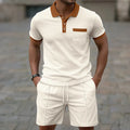 Ensemble Coordonné De Shorts Homme En Polyester Avec Col Contrasté, Style Décontracté Pour Loisirs