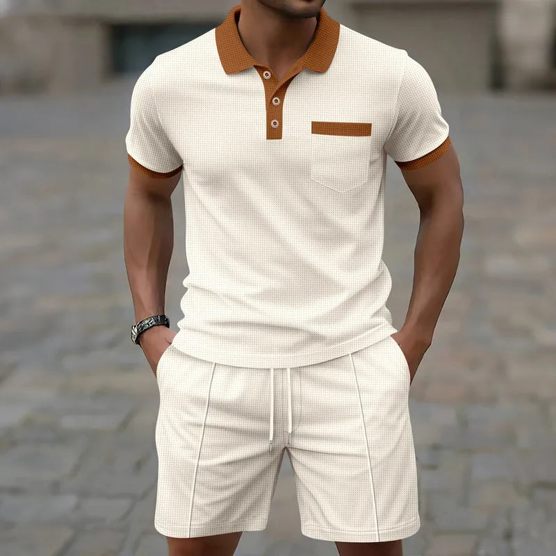 Ensemble Coordonné De Shorts Homme En Polyester Avec Col Contrasté, Style Décontracté Pour Loisirs