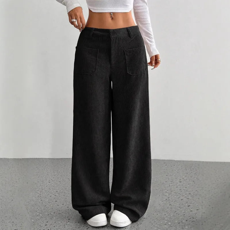 Pantalon Large Décontracté Pour Femmes De Longueur Au Sol Avec Poches Coloris Unis Taille Élastique Polyester Velours Taille Basse