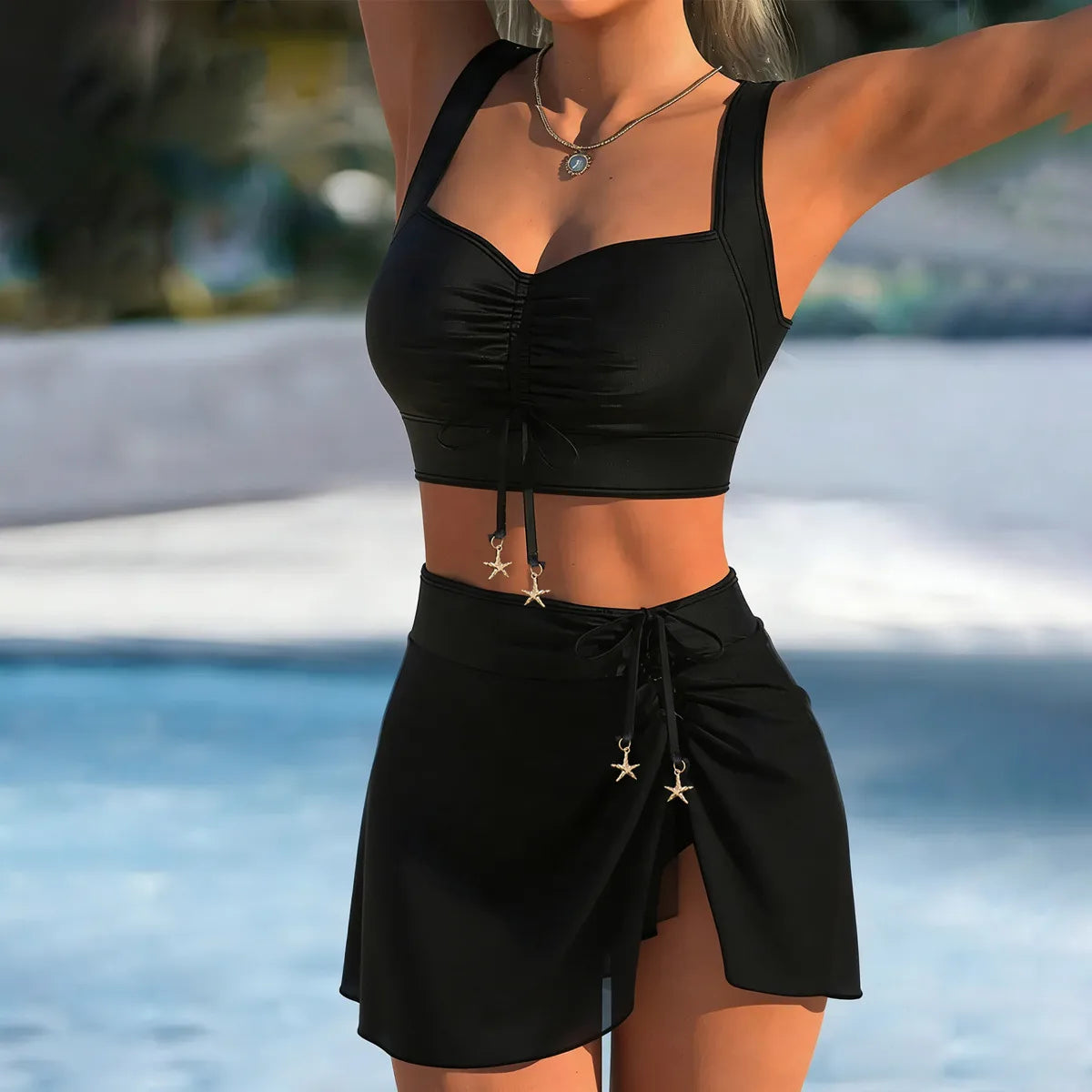 Maillot De Bain Deux Pièces Pour Femmes En Maille Filet Avec Cordon De Serrage, Motif Uni, Idéal Pour La Plage