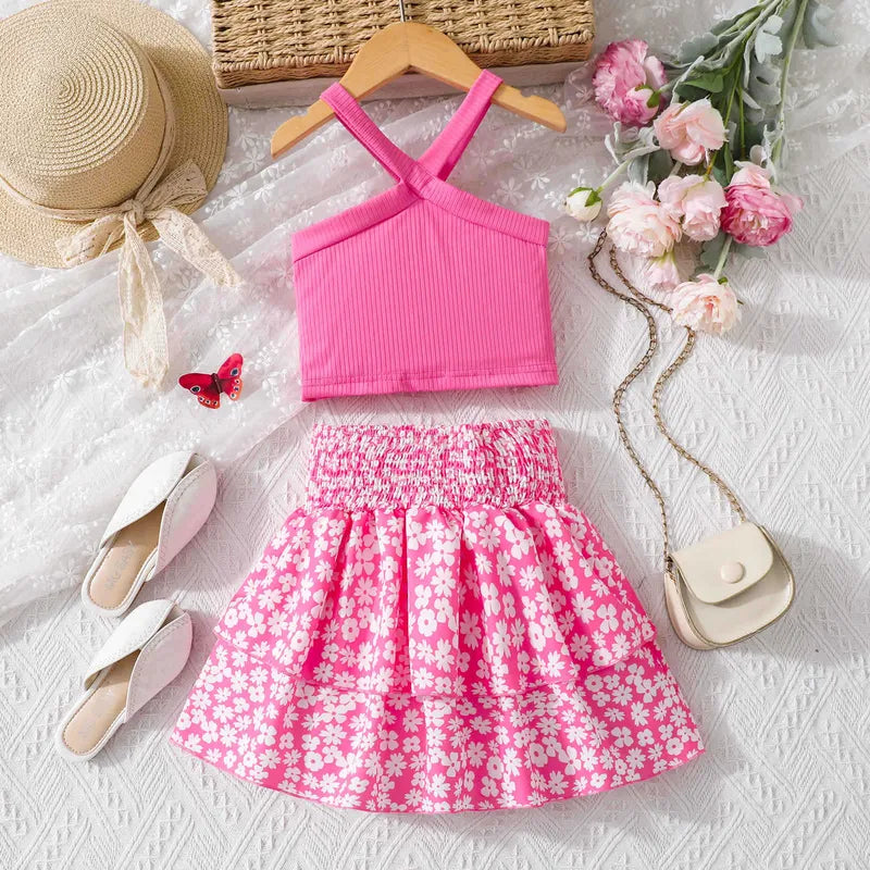 Ensemble Fille Décontracté Fleurs Rose – Top Croisé & Jupe Smockée