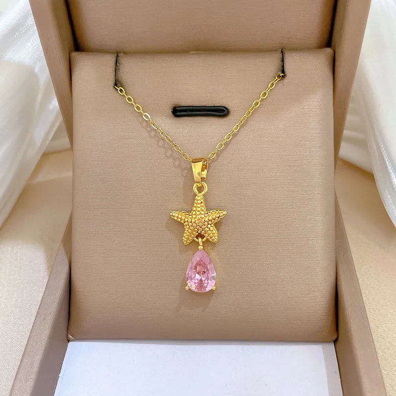 Collier Étoile En Acier Inoxydable 201 Avec Incrustation En Verre, Fait Main, Chaîne De Câble, Finition Plaqué Or Pour Femme