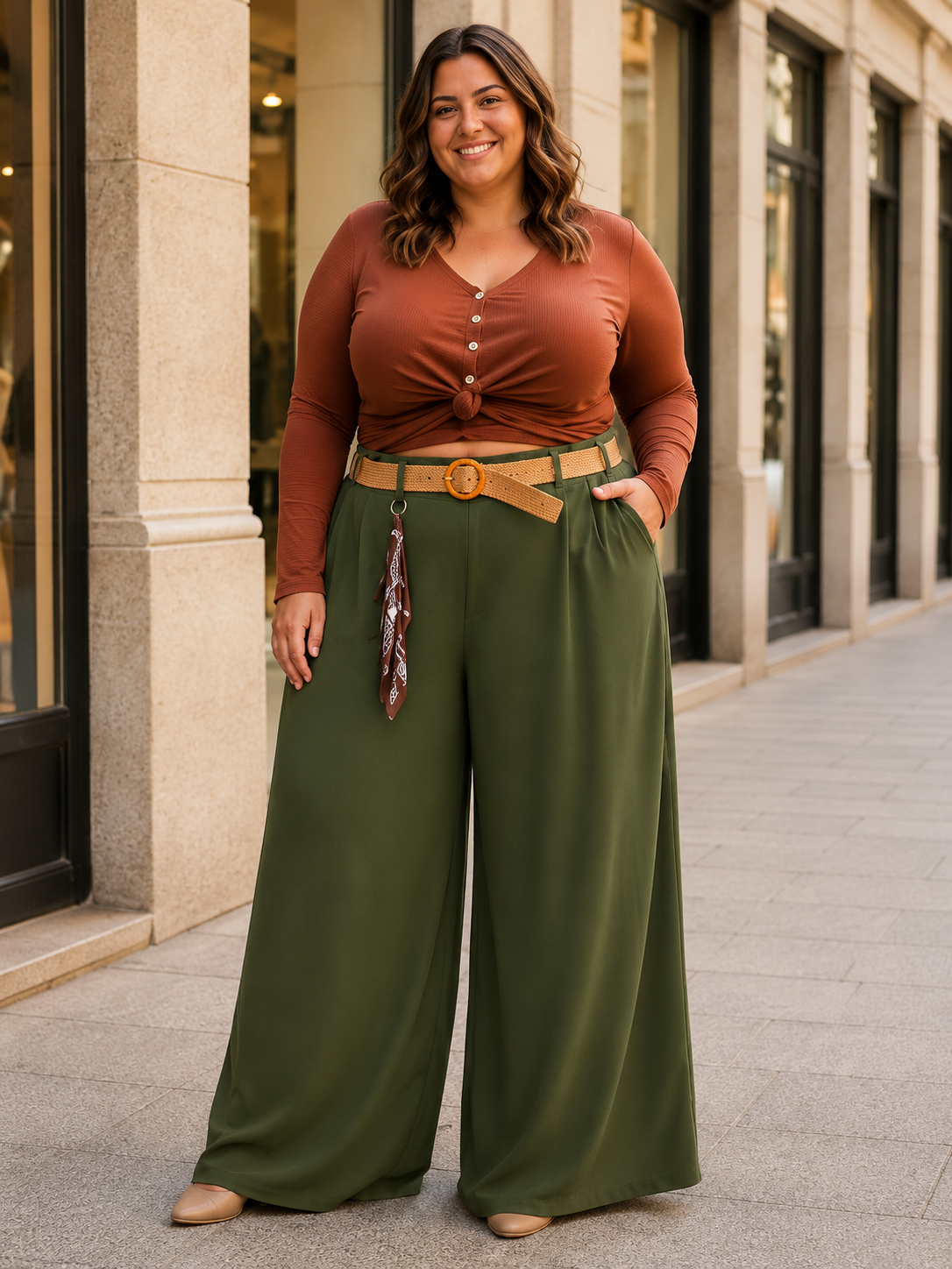 Pantalon élégant en viscose pour femme, ceinturé, parfait pour l'automne/hiver, coupe confort grandes tailles