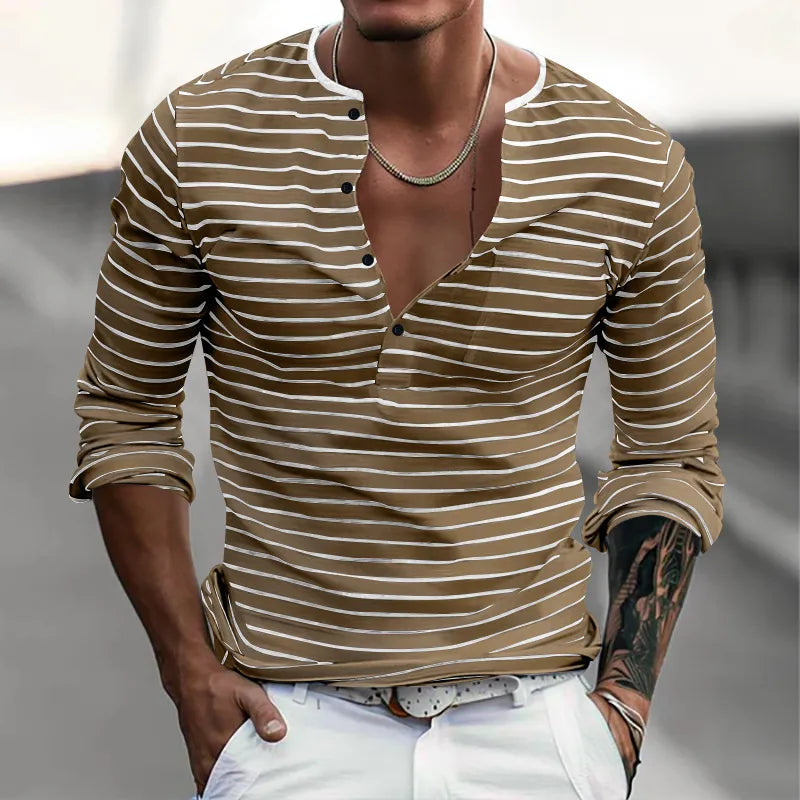 T-shirt Homme À Col Henley Et Manches Longues En Polyester À Motif Bande, Style Décontractée, Coupe À Enfiler