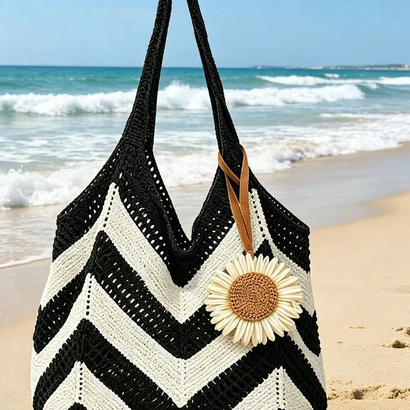 Sac Cabas Tressé Unisexe — Motif Chevron Bicolore & Fleur