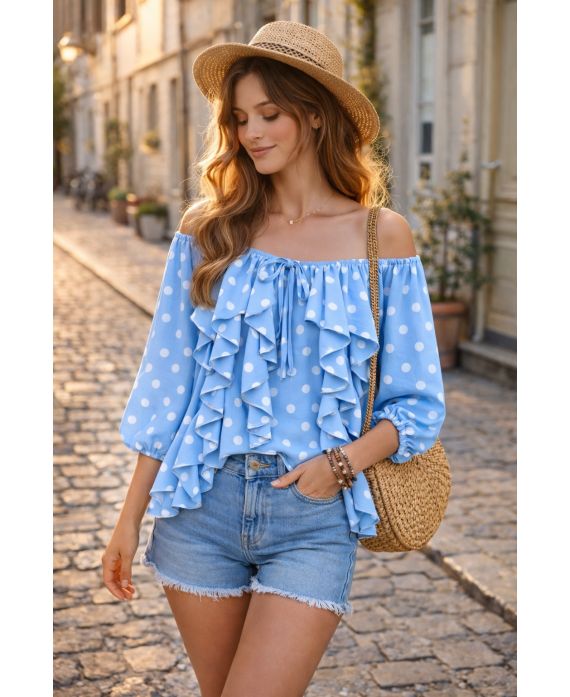 Blouse Épaules Dénudées Pois à Volants
