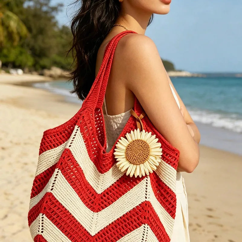 Sac Cabas Tressé Unisexe — Motif Chevron Bicolore & Fleur