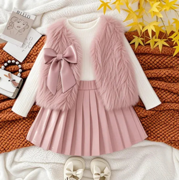 Ensemble Trois Pièces Filles Couleur Pure Manches Longues Avec Jupe Style Européen Doux Coton Automne Hiver Vêtements Enfants