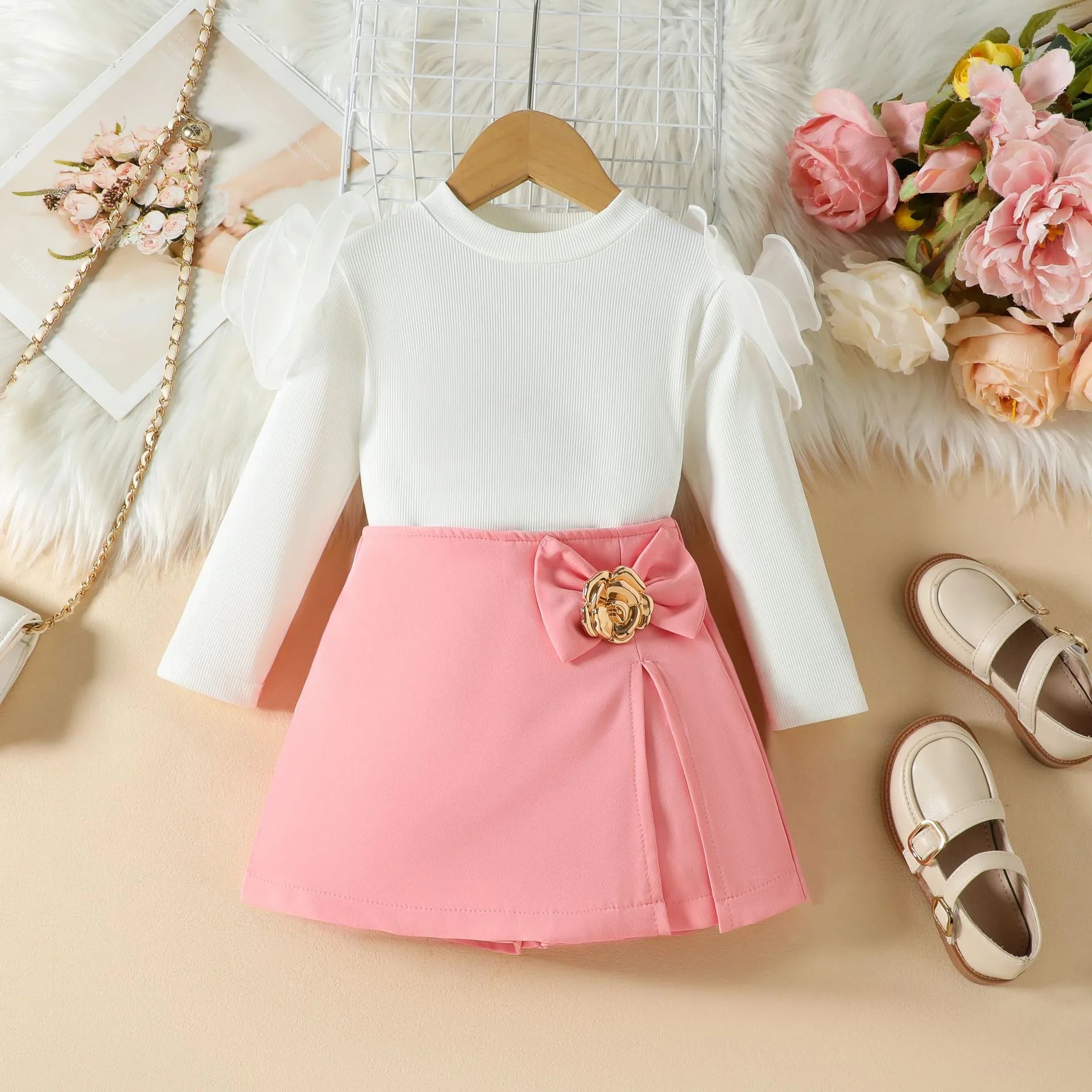 Ensemble Jupe 2 Pièces Pour Fille Avec Motif Fleurs En Polyester, Coloris Rose, Design Floral Délicat